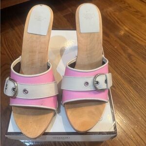 Coach Pink and Cream, high heel, wooden mules with Buckle.
